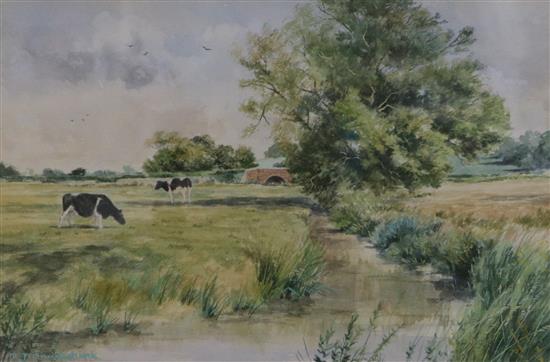 Michael Cruickshank, watercolour, river landscape with cattle 19 x 29cm.